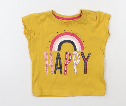 Primark Girls Yellow  Cotton Basic T-Shirt Size 3-6 Months Round Neck Pullover - Happy