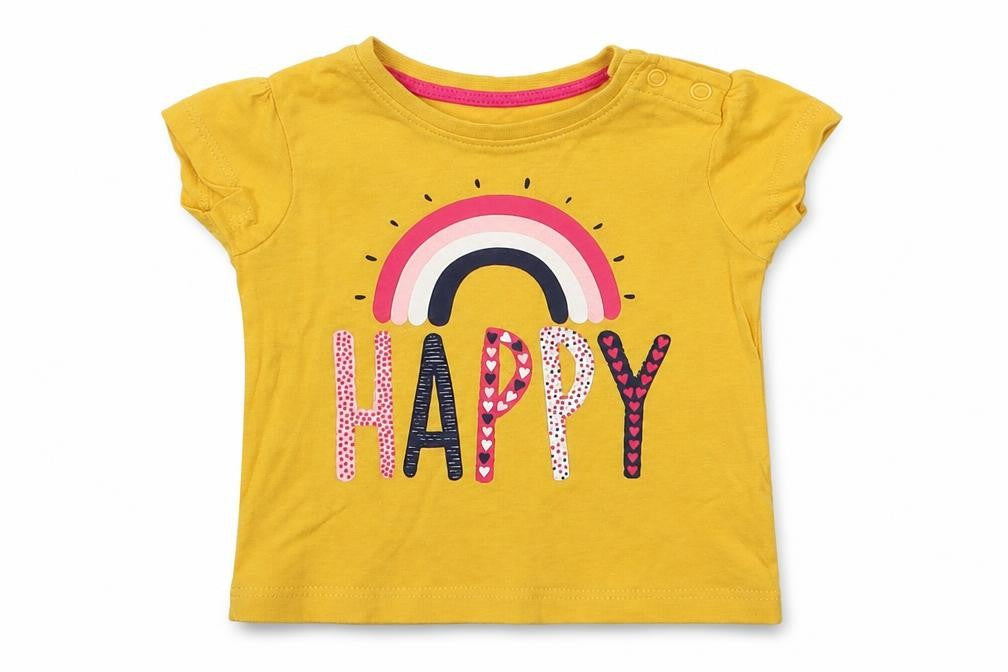 Front view of Primark girls’ yellow cotton basic t-shirt, size 3-6, months round neck pullover - happy