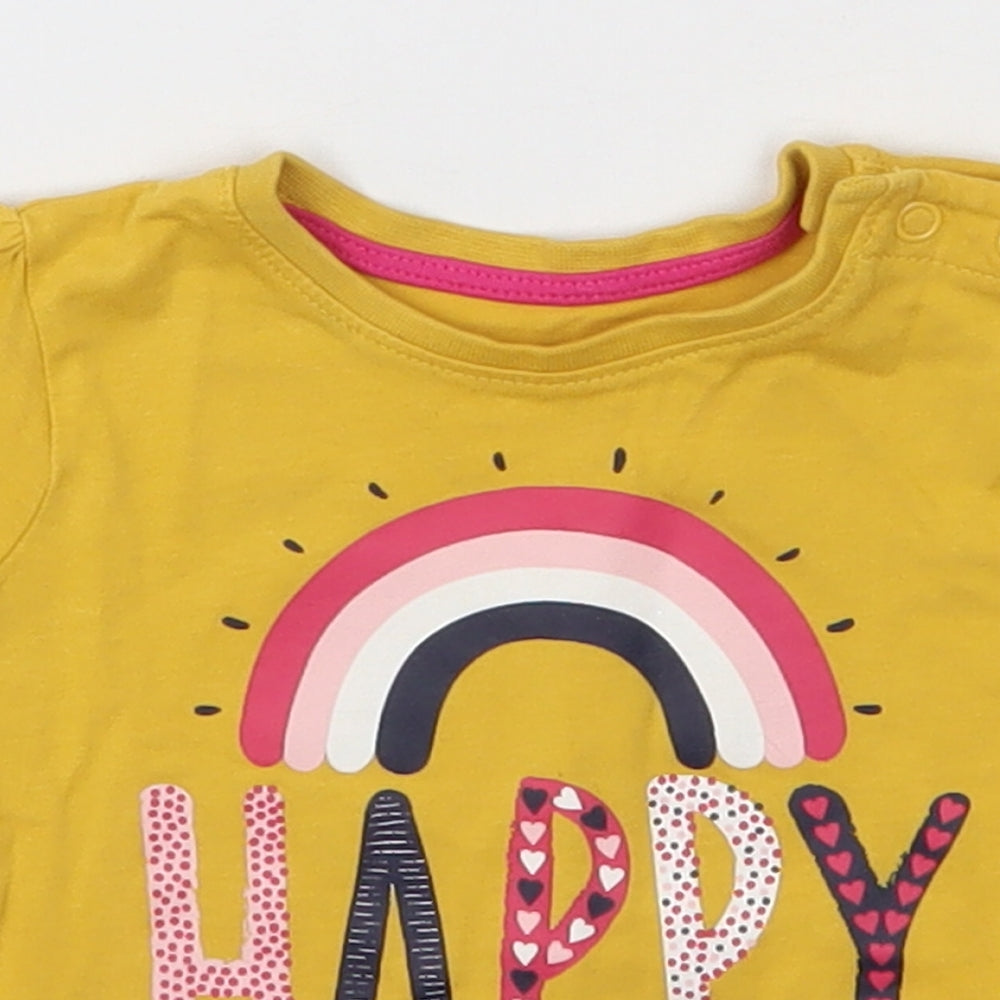 Primark Girls Yellow  Cotton Basic T-Shirt Size 3-6 Months Round Neck Pullover - Happy