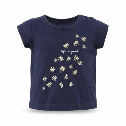 Front view of Primark girls’ blue cotton basic t-shirt, size 0-3, months round neck pullover - life is good