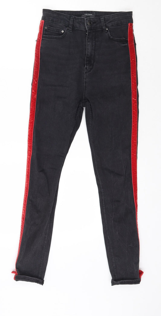 Zara Womens Grey Striped Cotton Skinny Jeans Size 8 L26 in Regular Button