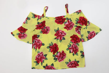 Doroth Womens Yellow Floral Polyester Basic Blouse Size 12 Off the Shoulder