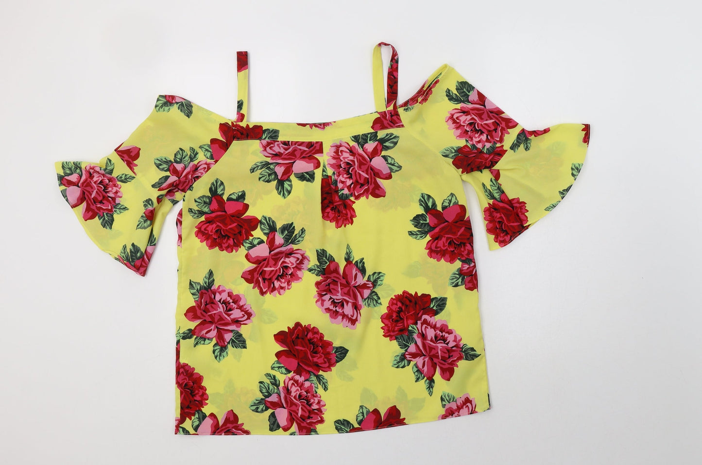Doroth Womens Yellow Floral Polyester Basic Blouse Size 12 Off the Shoulder