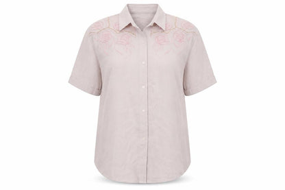 Front view of Raam women’s pink floral cotton basic button-up, size XL, collared