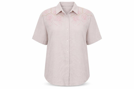 Front view of Raam women’s pink floral cotton basic button-up, size XL, collared