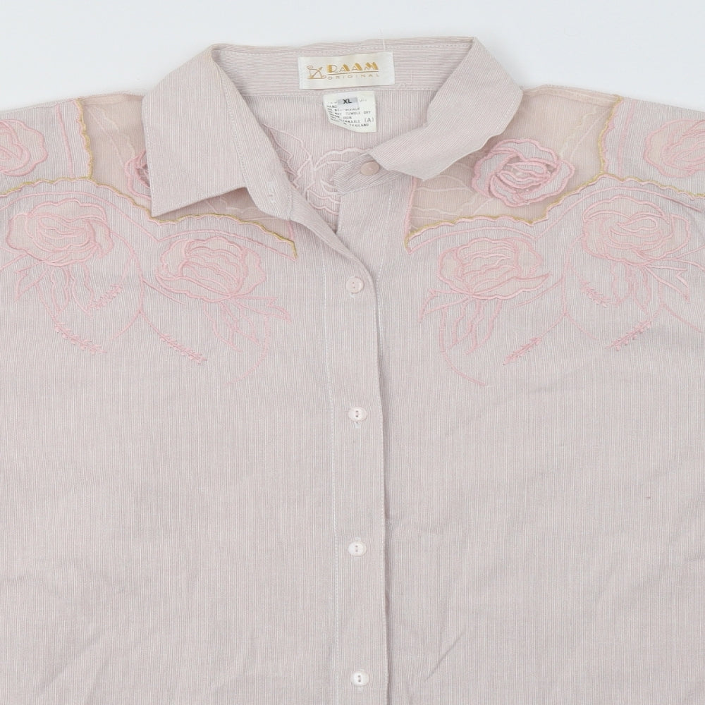 Close-up detail of Raam women’s pink floral cotton basic button-up, size XL, collared