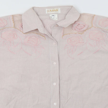 Close-up detail of Raam women’s pink floral cotton basic button-up, size XL, collared