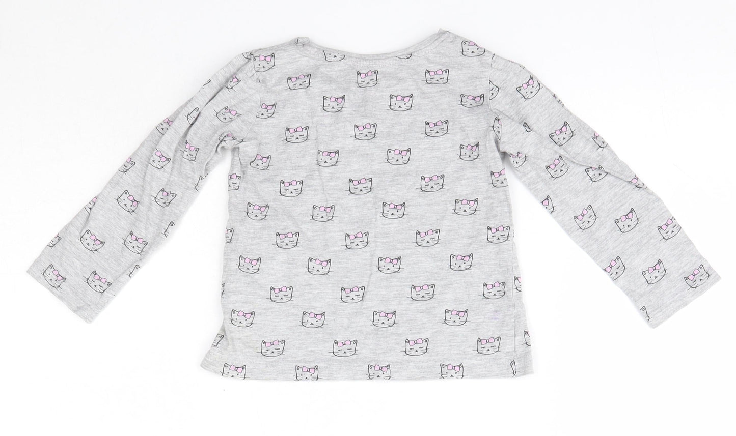 Young Dimension Girls Grey  Cotton Basic Blouse Size 2-3 Years Round Neck  - Cats