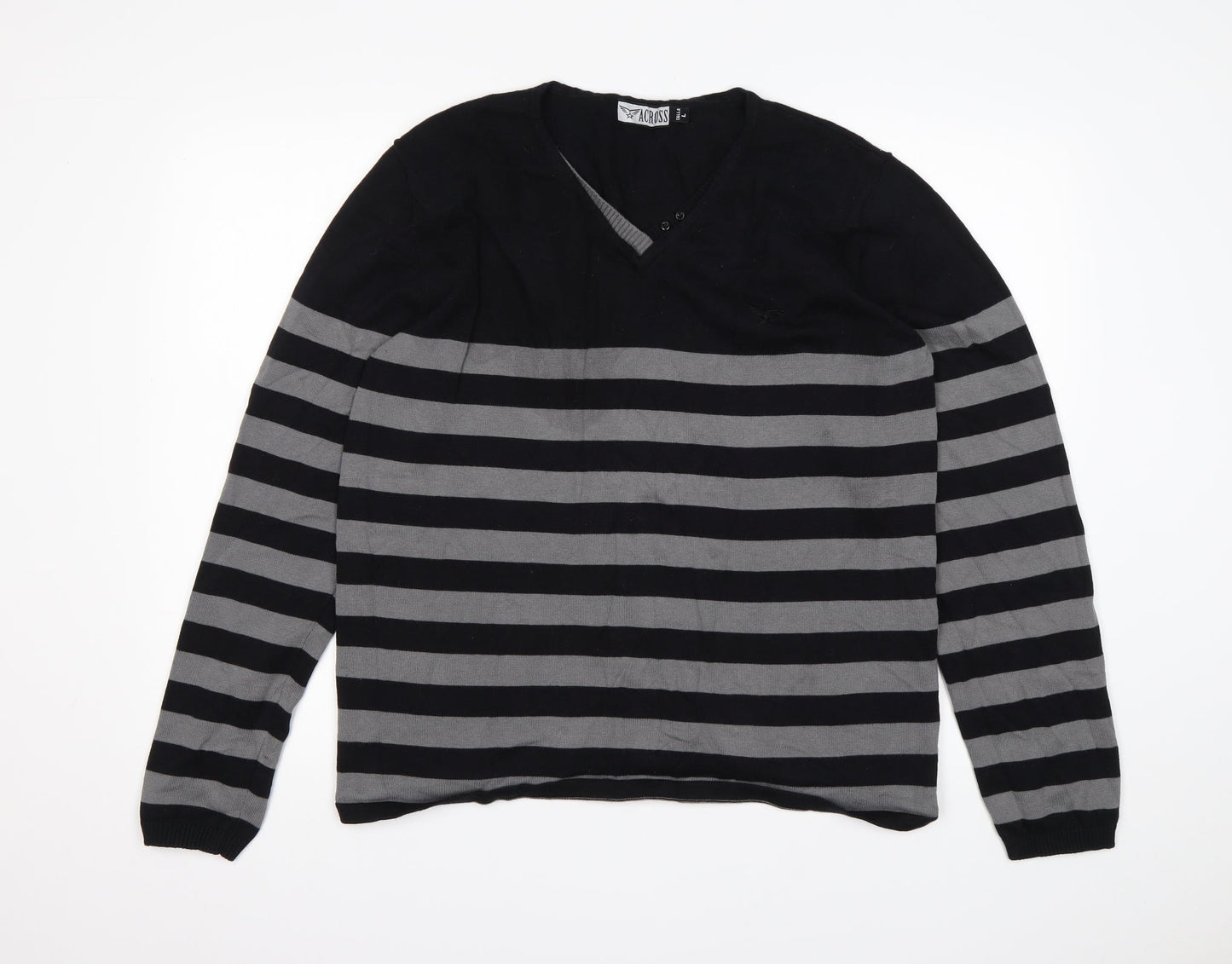 Across Womens Multicoloured V-Neck Striped Cotton Pullover Jumper Size L