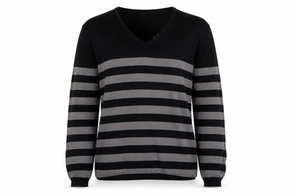 Front view of Across women’s multicoloured v-neck striped cotton jumper, size L