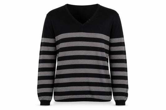 Front view of Across women’s multicoloured v-neck striped cotton jumper, size L