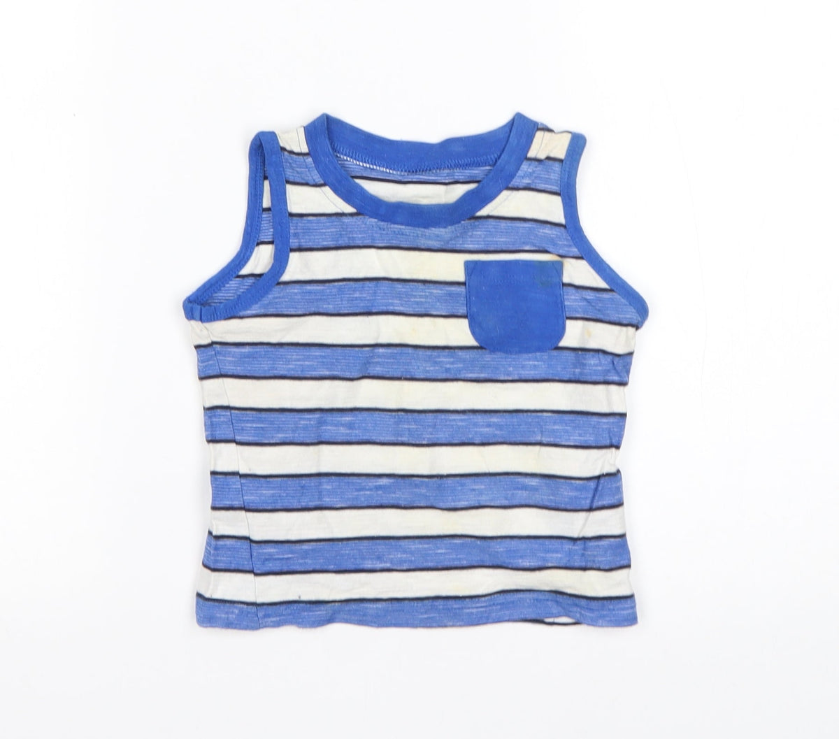 Additional front view of Matalan boys’ multicoloured striped cotton basic tank, size 12-18, months round neck