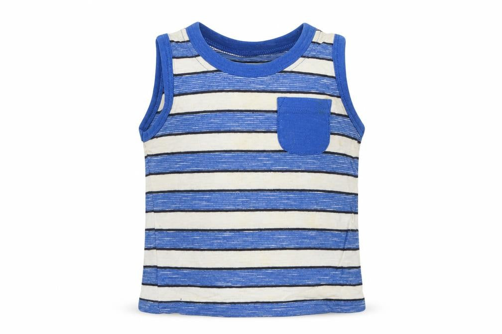 Front view of Matalan boys’ multicoloured striped cotton basic tank, size 12-18, months round neck