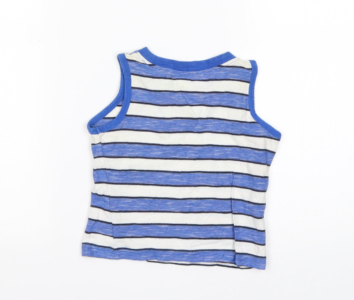 Back view of Matalan boys’ multicoloured striped cotton basic tank, size 12-18, months round neck