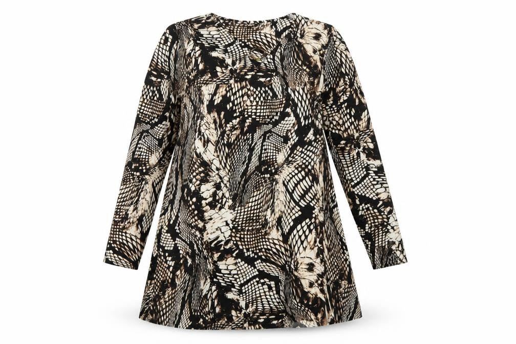 Front view of Tu women’s multicoloured animal print viscose a-line, size UK 12, round neck