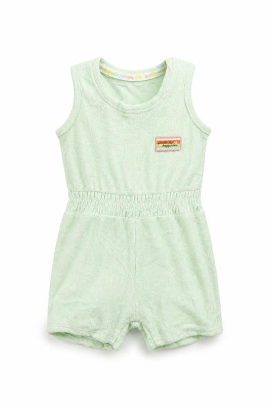 Front view of Primark girls’ green cotton romper one-piece, size 6-9, months