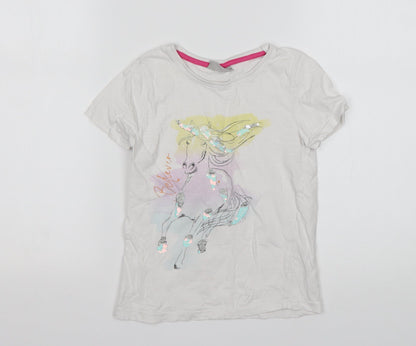 Matalan Girls White Animal Print Cotton Basic T-Shirt Size 7 Years Round Neck  - Unicorn