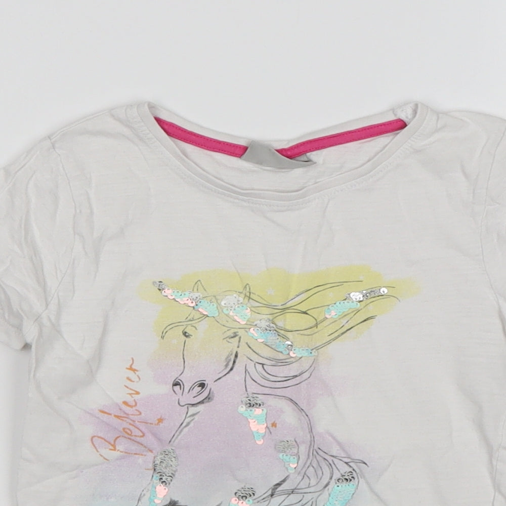 Matalan Girls White Animal Print Cotton Basic T-Shirt Size 7 Years Round Neck  - Unicorn