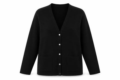 Front view of Bonmarché women’s black v-neck acrylic cardigan jumper, size L