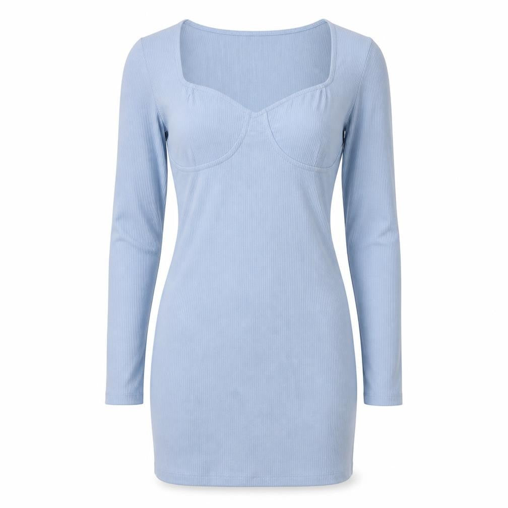 Front view of brave sould women’s blue cotton bodycon, size L, v-neck pullover