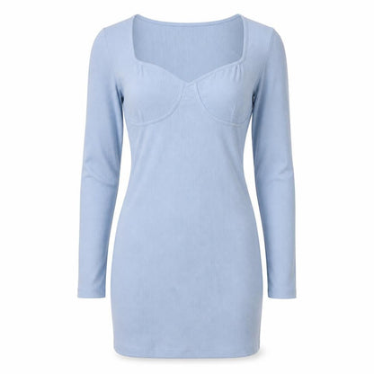 Front view of brave sould women’s blue cotton bodycon, size L, v-neck pullover