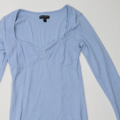 brave sould Womens Blue  Cotton Bodycon  Size L  V-Neck Pullover