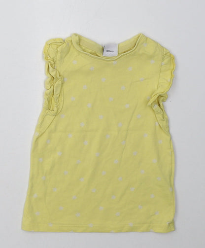 F&F Girls Yellow Polka Dot Cotton Basic T-Shirt Size 2-3 Years Crew Neck Button