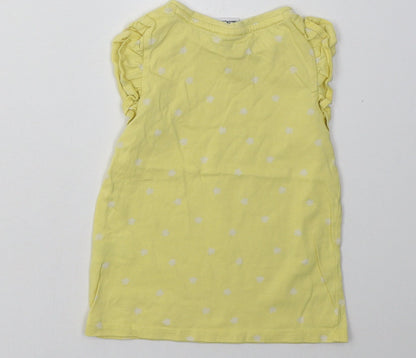 F&F Girls Yellow Polka Dot Cotton Basic T-Shirt Size 2-3 Years Crew Neck Button