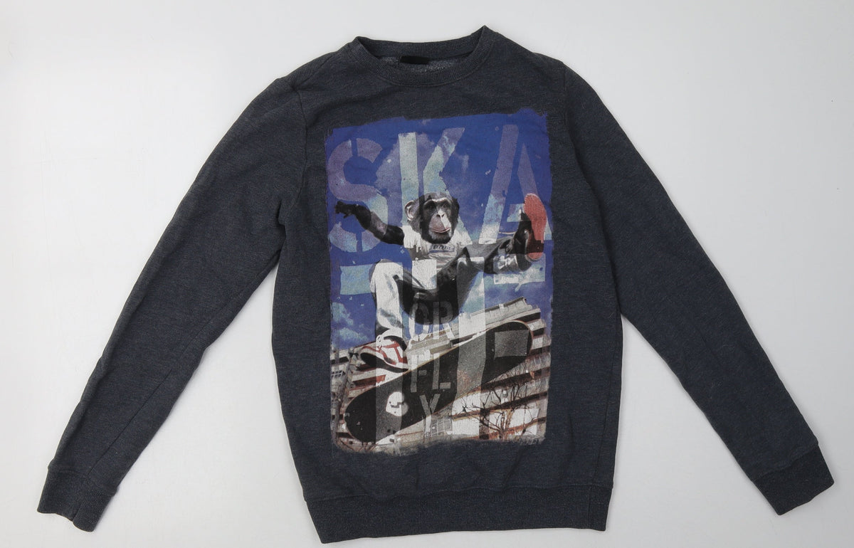 Additional front view of Next girls’ blue cotton pullover sweatshirt, size 13, years pullover - monkey
