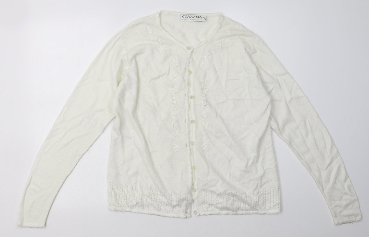 Cordelia St Womens White Crew Neck Floral Acrylic Cardigan Jumper Size 14