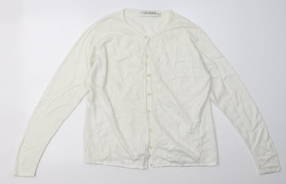 Cordelia St Womens White Crew Neck Floral Acrylic Cardigan Jumper Size 14