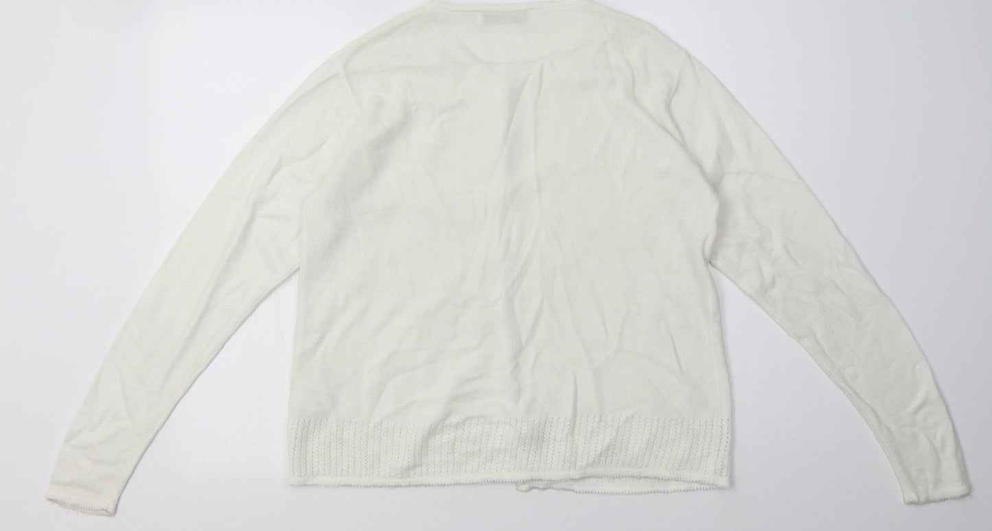 Cordelia St Womens White Crew Neck Floral Acrylic Cardigan Jumper Size 14