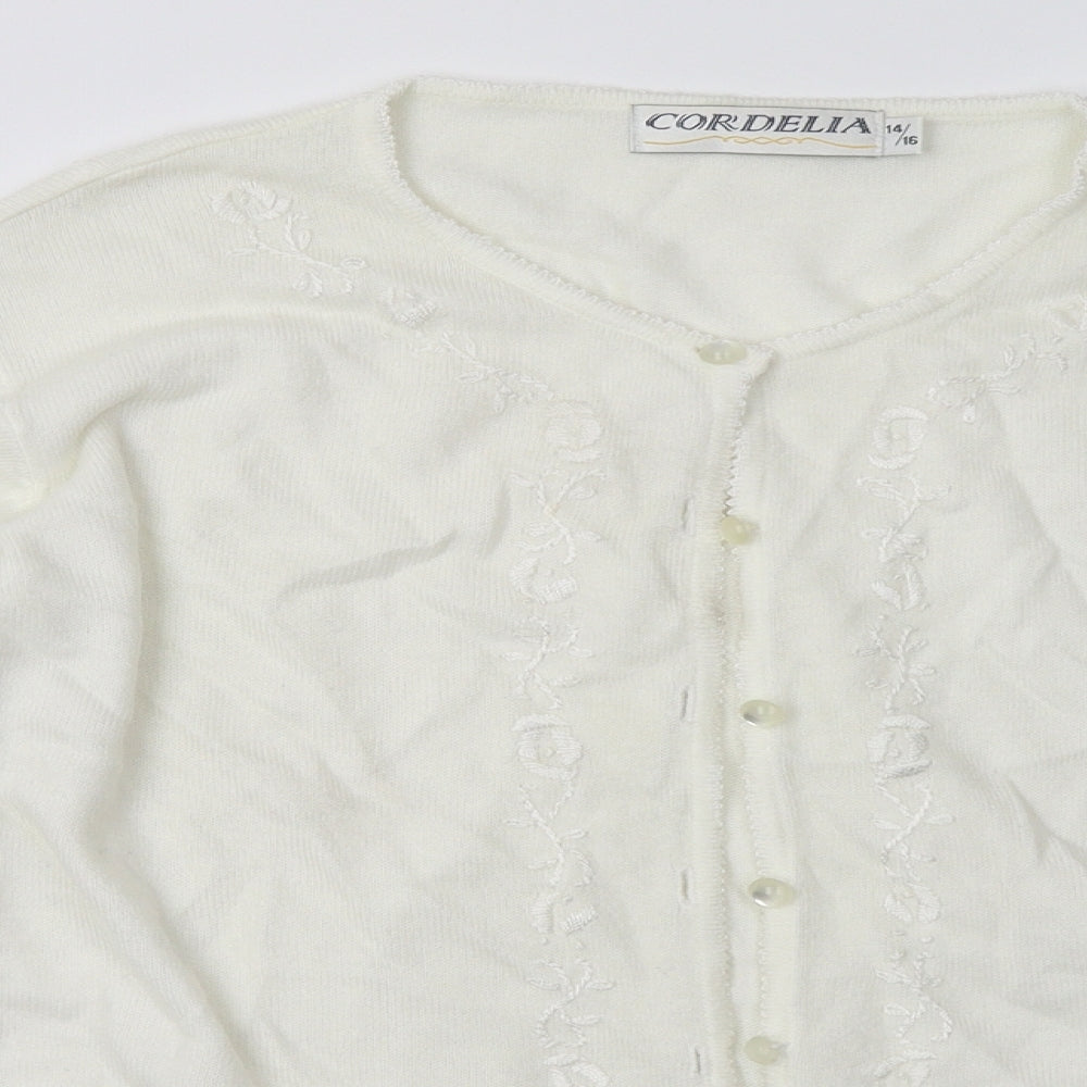 Cordelia St Womens White Crew Neck Floral Acrylic Cardigan Jumper Size 14