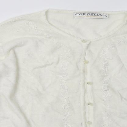 Cordelia St Womens White Crew Neck Floral Acrylic Cardigan Jumper Size 14