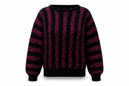 Front view of TIGI women’s purple striped acrylic pullover sweatshirt one size pullover