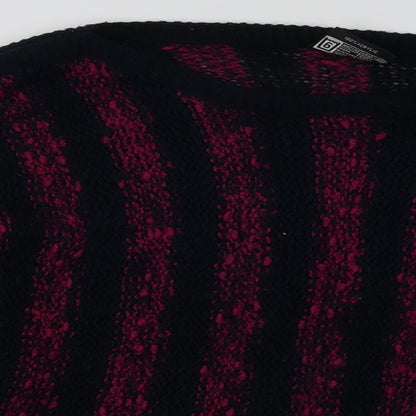 Close-up detail of TIGI women’s purple striped acrylic pullover sweatshirt one size pullover