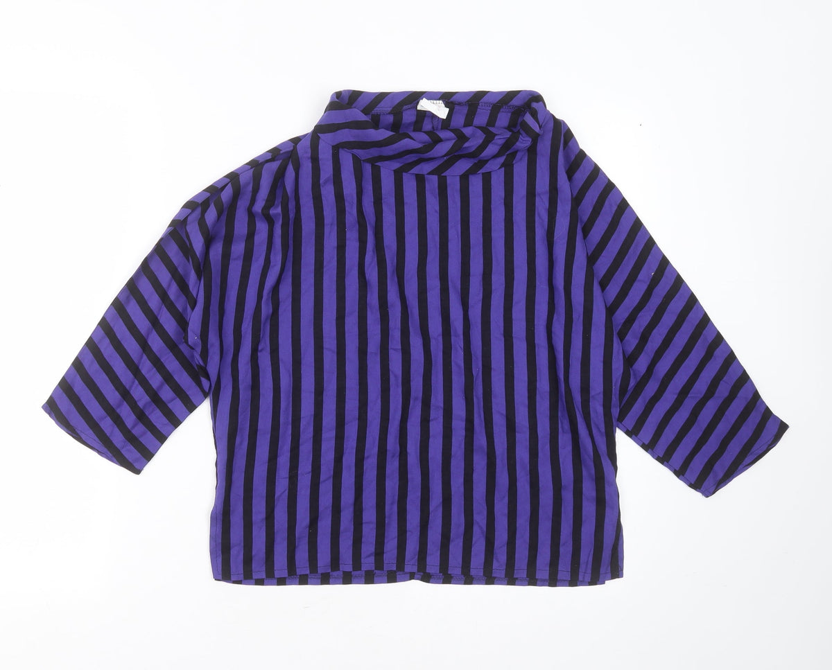 Additional front view of Ferrand women’s blue striped viscose basic blouse, size UK 12, round neck