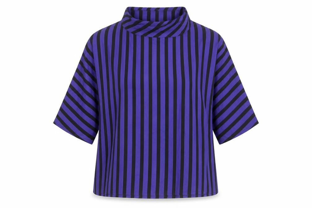 Front view of Ferrand women’s blue striped viscose basic blouse, size UK 12, round neck