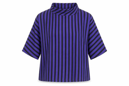Front view of Ferrand women’s blue striped viscose basic blouse, size UK 12, round neck