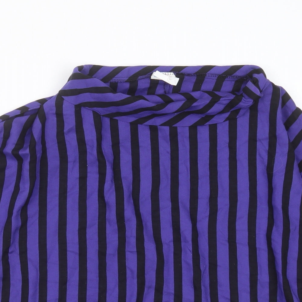 Close-up detail of Ferrand women’s blue striped viscose basic blouse, size UK 12, round neck