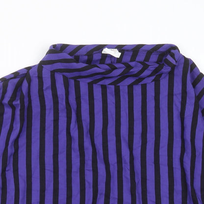 Close-up detail of Ferrand women’s blue striped viscose basic blouse, size UK 12, round neck