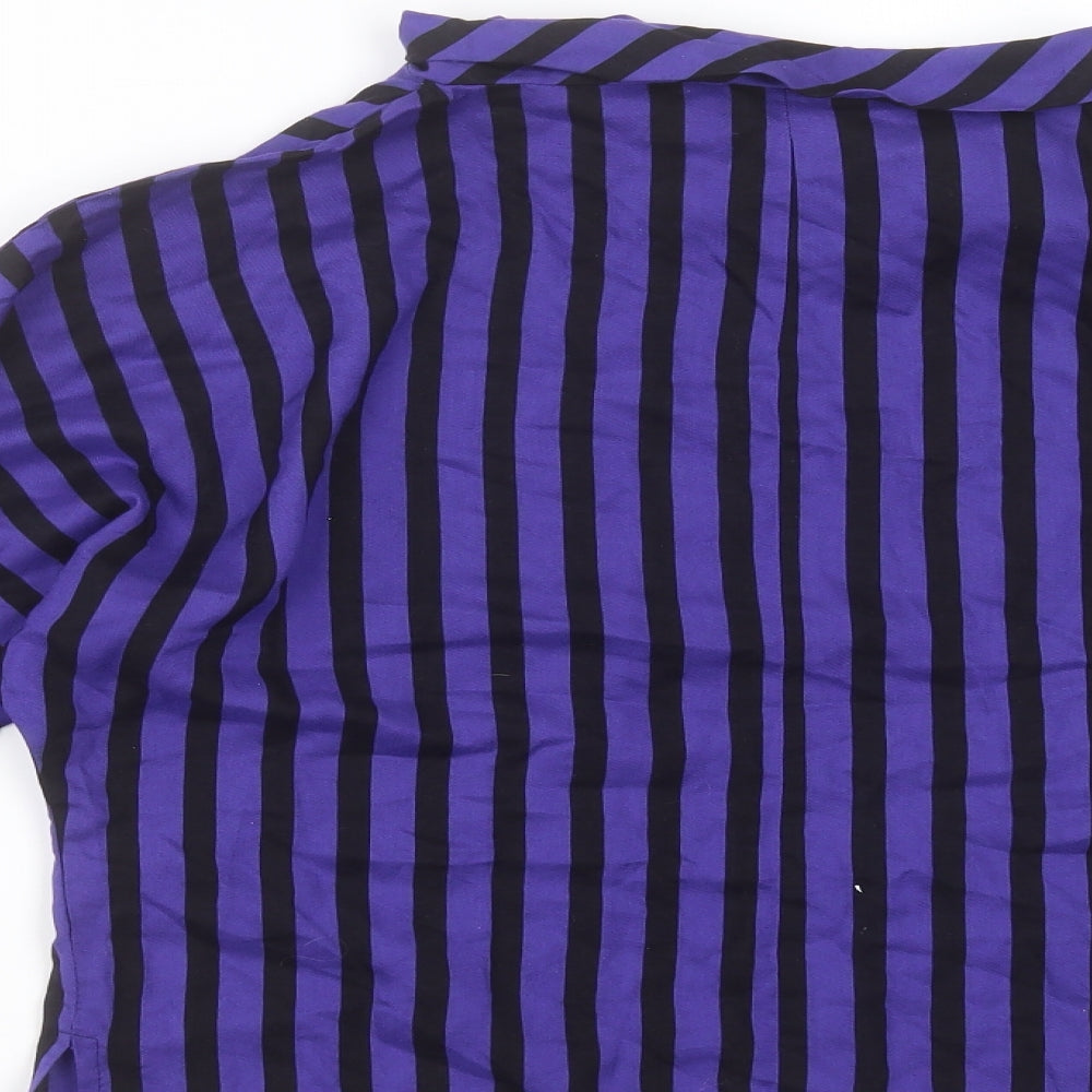 Brand and care label for Ferrand women’s blue striped viscose basic blouse, size UK 12, round neck