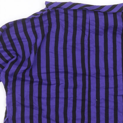 Brand and care label for Ferrand women’s blue striped viscose basic blouse, size UK 12, round neck