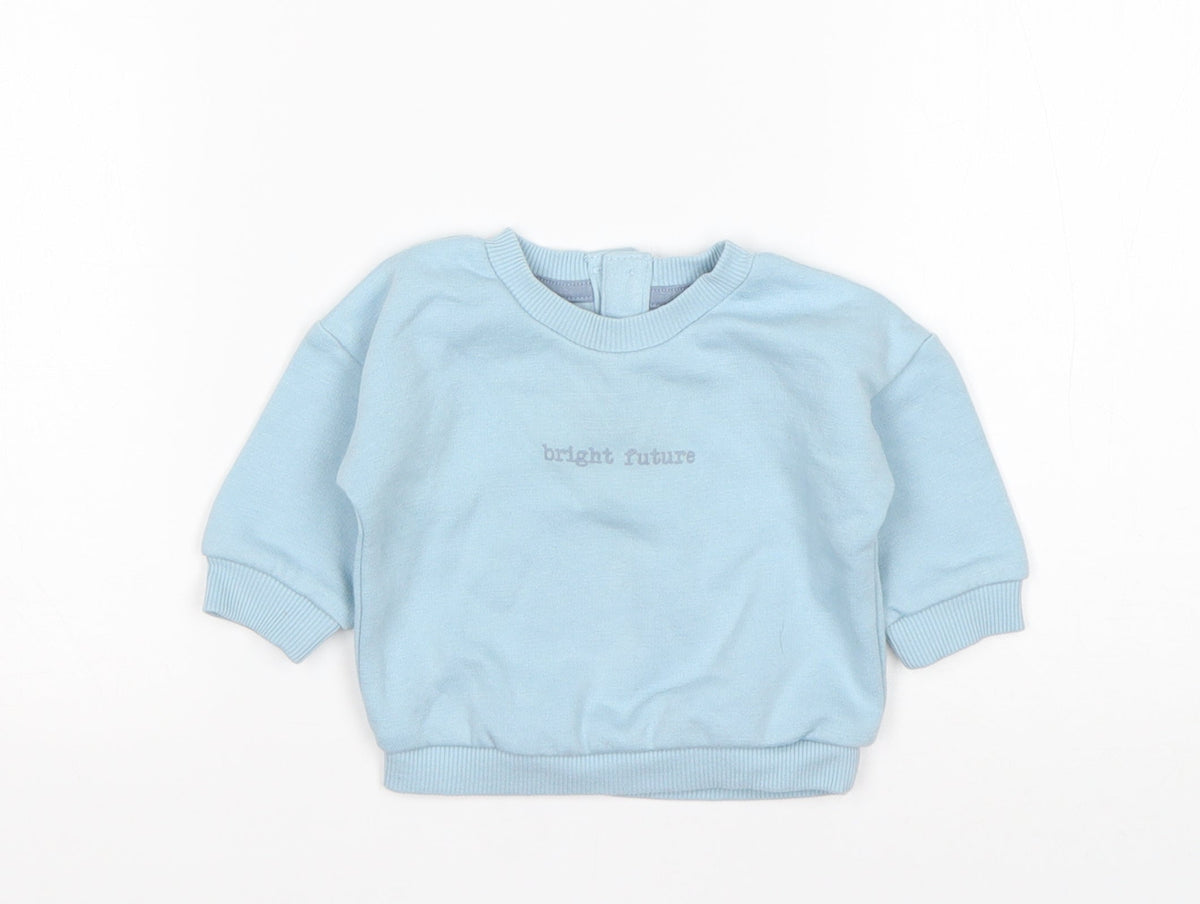 Front view of Matalan boys’ blue polyester jumper, size 0-3, months