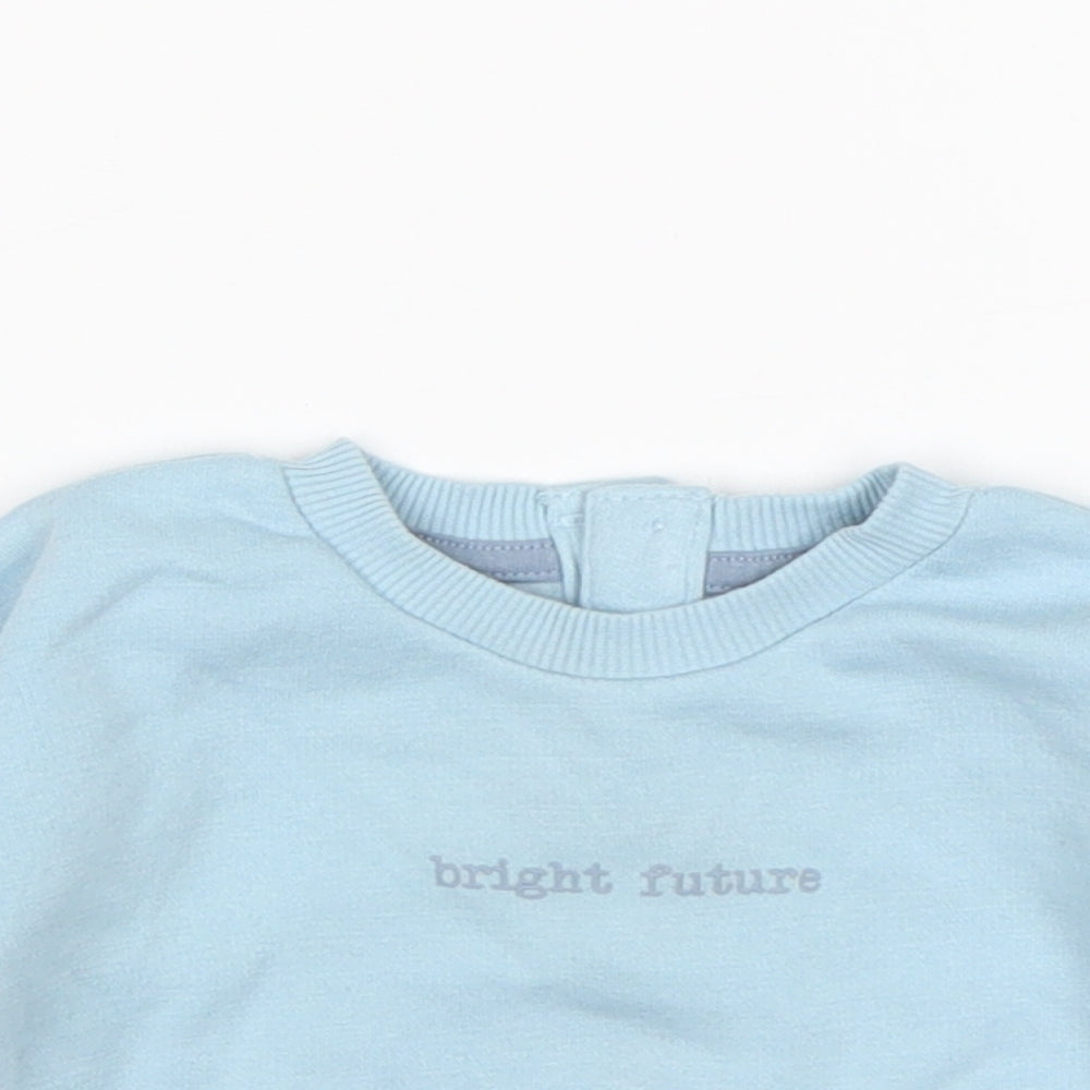 Close-up detail of Matalan boys’ blue polyester jumper, size 0-3, months