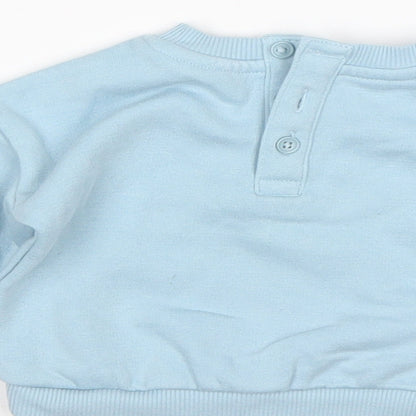 Brand and care label for Matalan boys’ blue polyester jumper, size 0-3, months