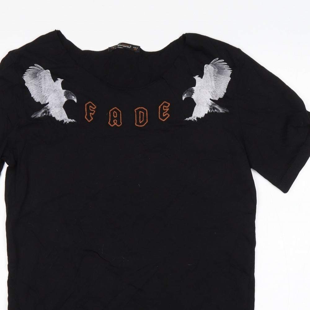 The Gangster Womens Black Animal Print Cotton Basic T-Shirt Size S Round Neck