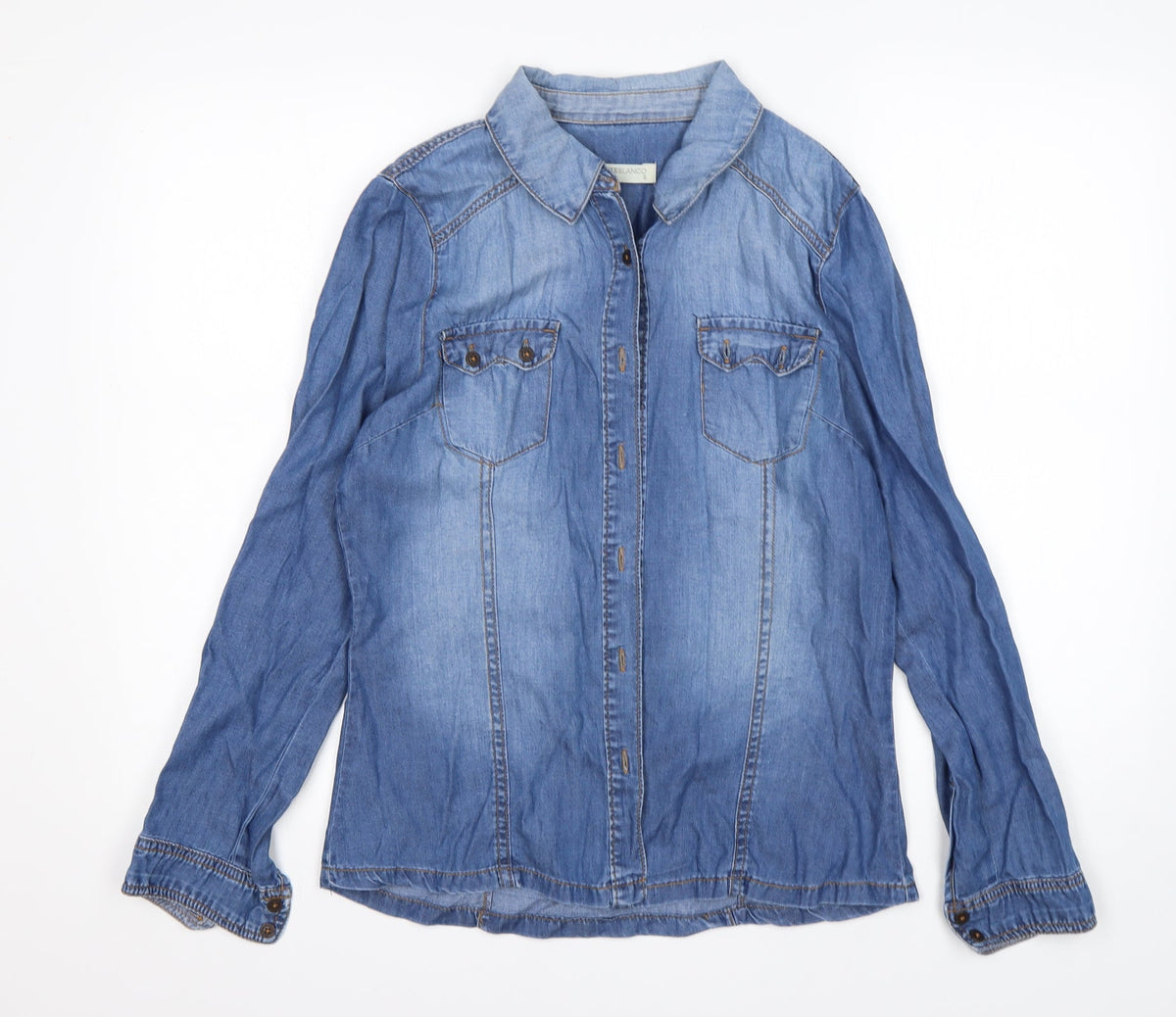 Additional front view of suitbelanco women’s blue basic button-up, size S, collared