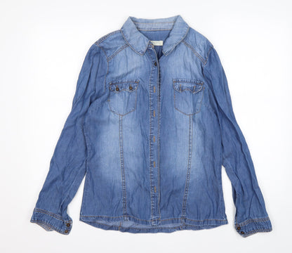 Additional front view of suitbelanco women’s blue basic button-up, size S, collared