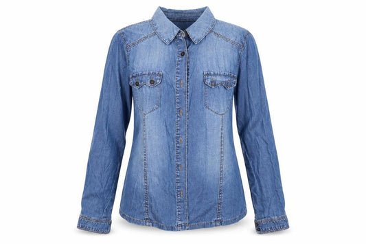 Front view of suitbelanco women’s blue basic button-up, size S, collared